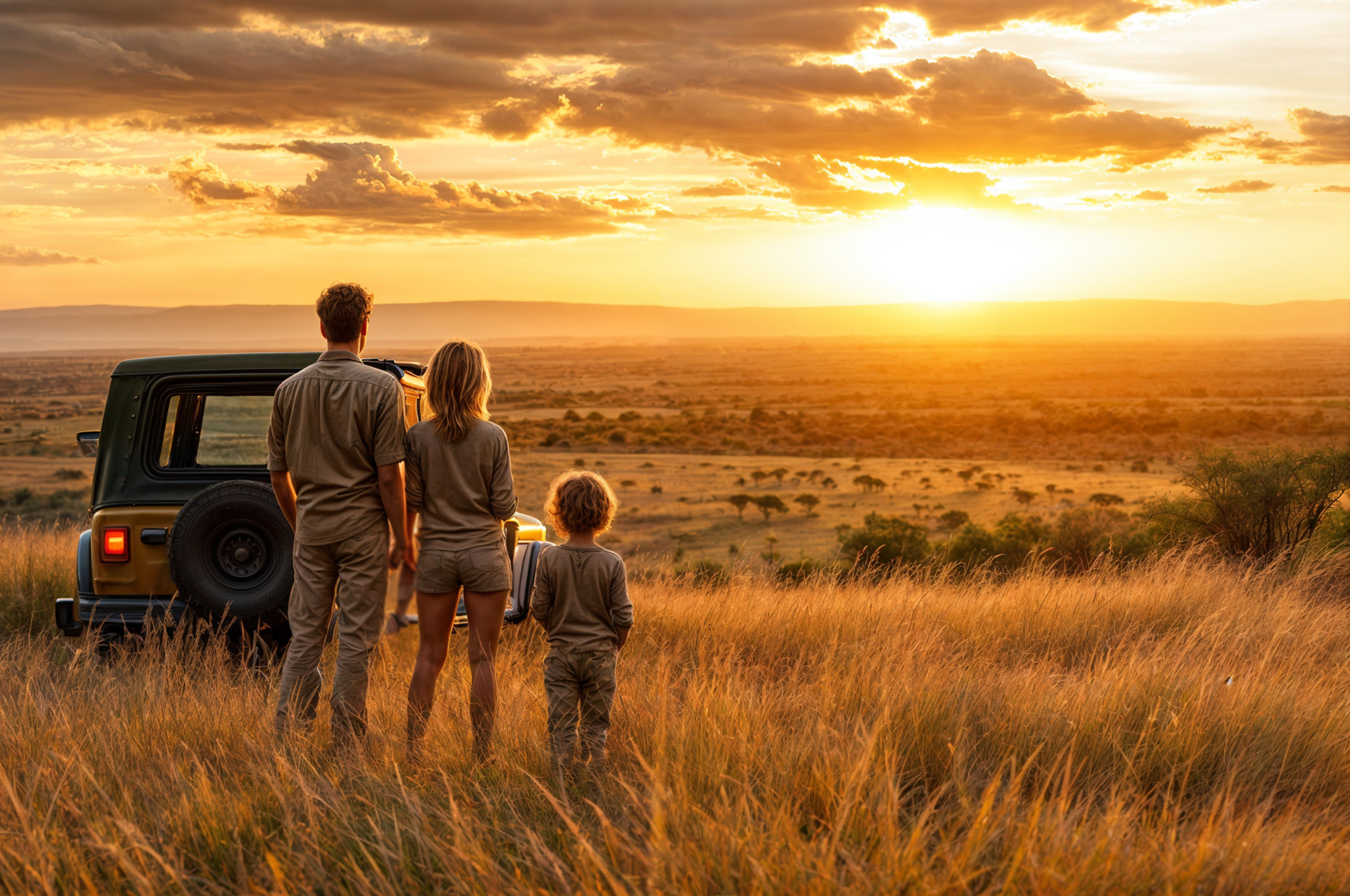 A family watching a sunset on safari